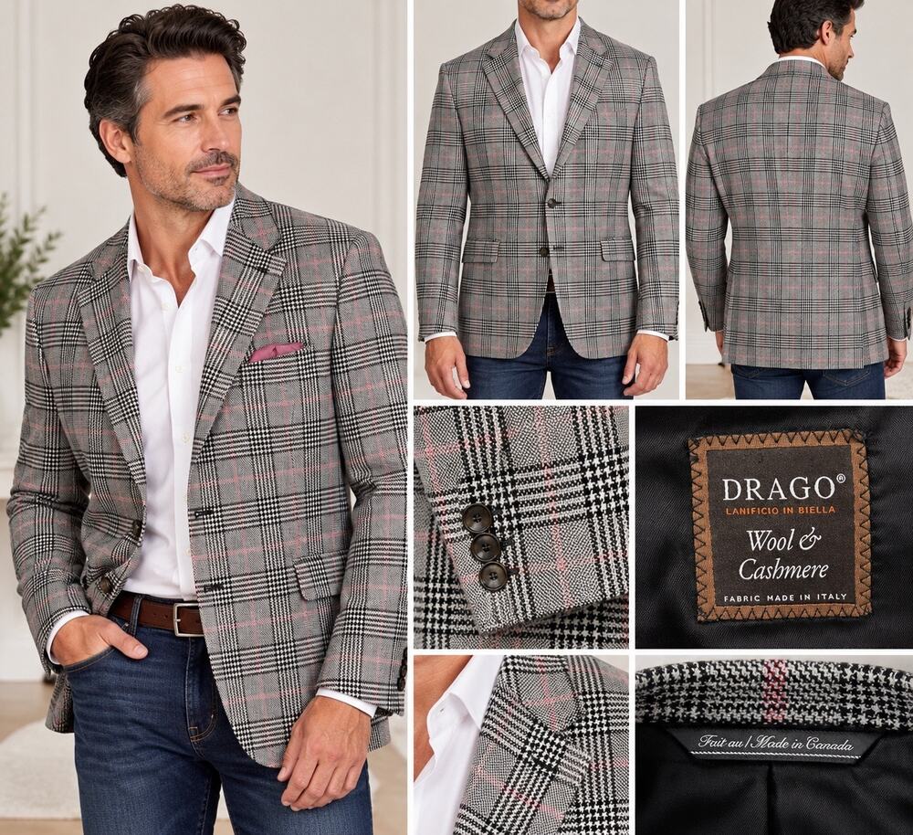 Men’s 40S Drago Wool Cashmere Plaid Blazer Made in Canada Gray Pink Check